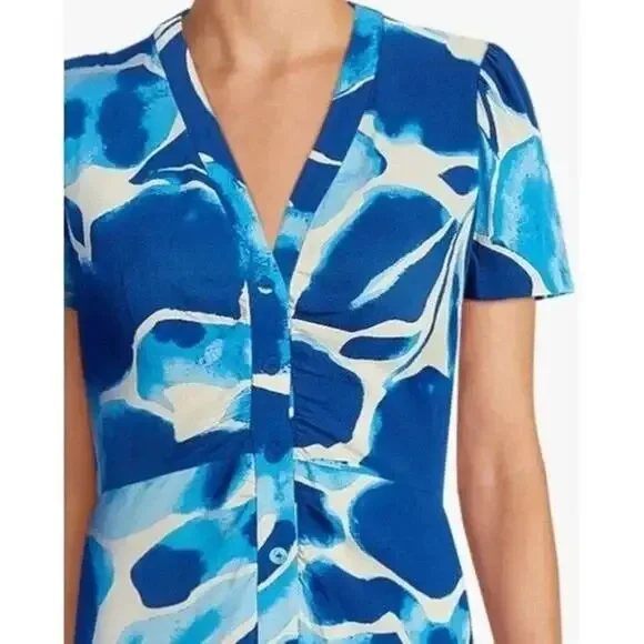 DIANE VON FURSTENBERG Milo Cecilia Crepe Midi Shirt Dress Blue White V Neck M